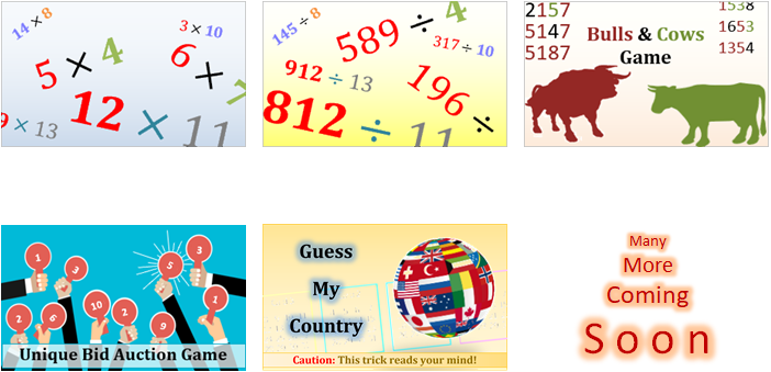 math activities: Unordered Times Table, Unordered Divisibility Test, Bulls and Cows Game, Unique Bid Auction Game, Guess My Country, and many more
